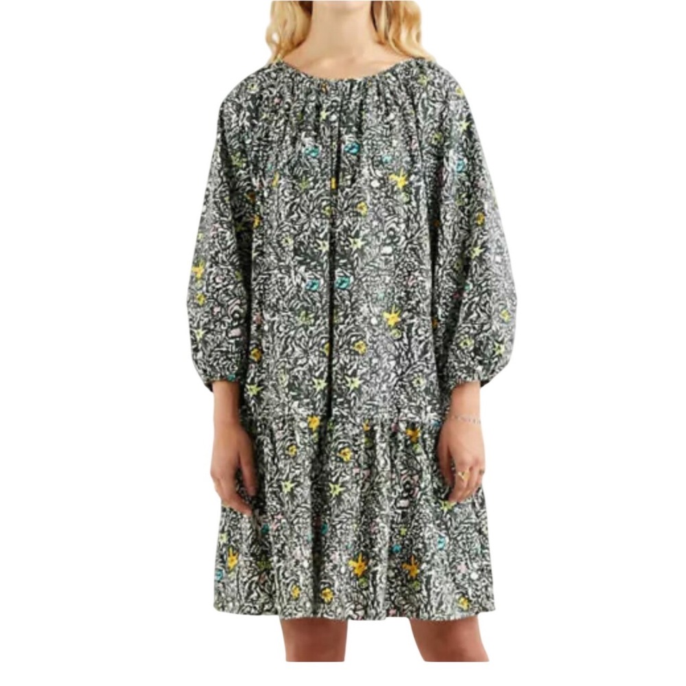 Levis Womens XL Floral Star Print Tiered Babydoll Dress Green 3/4 Puff Sleeve